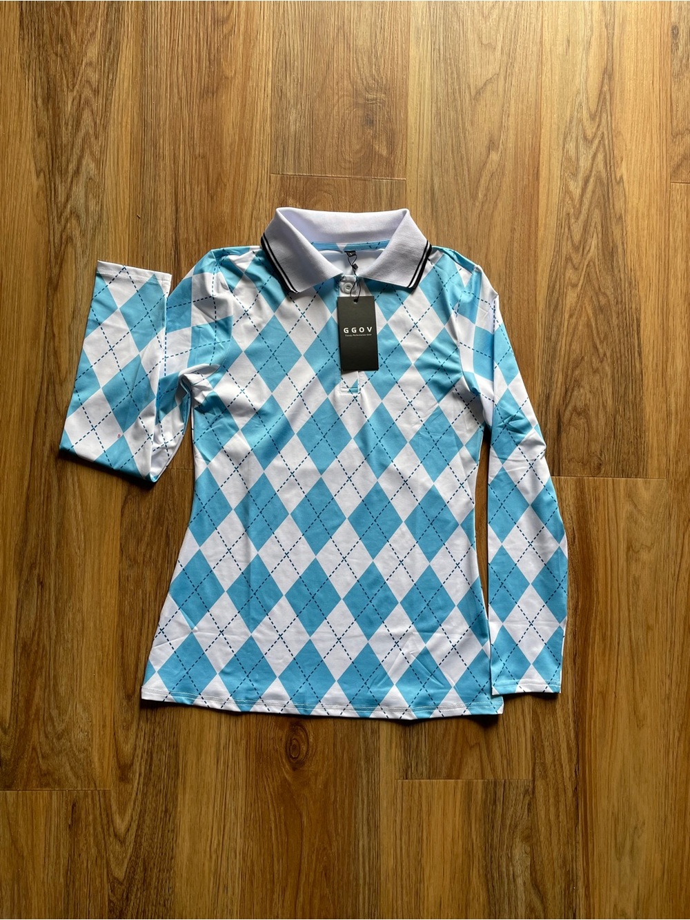 Blue & White Argyle Long-Sleeve Polo Top